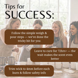 Promotional graphic with the headline 'Tips for SUCCESS:' over a softly blurred indoor scene of four women gathered around a table. Three brown text boxes give tips about following weigh and pour steps, curing time, and wick trimming.