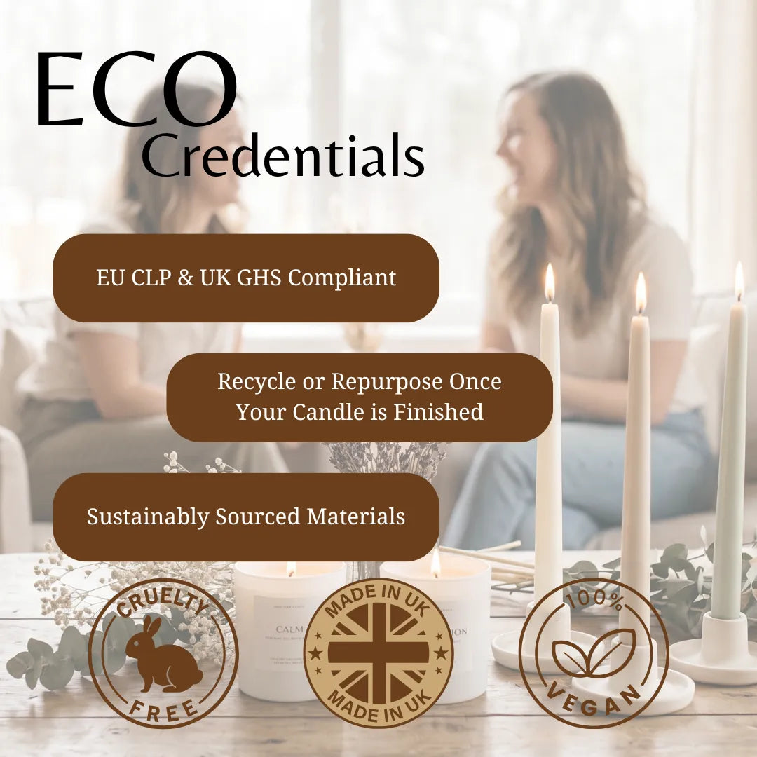 Promotional graphic for 'ECO Credentials' featuring a blurred lifestyle background of two women, a lit white pillar candle, and three white soy candles on a table. Text highlights compliance with EU CLP & UK GHS, recyclability, and sustainably sourced materials, alongside cruelty-free, made in UK, and vegan badges.