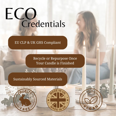 Promotional graphic for 'ECO Credentials' featuring a blurred lifestyle background of two women, a lit white pillar candle, and three white soy candles on a table. Text highlights compliance with EU CLP & UK GHS, recyclability, and sustainably sourced materials, alongside cruelty-free, made in UK, and vegan badges.