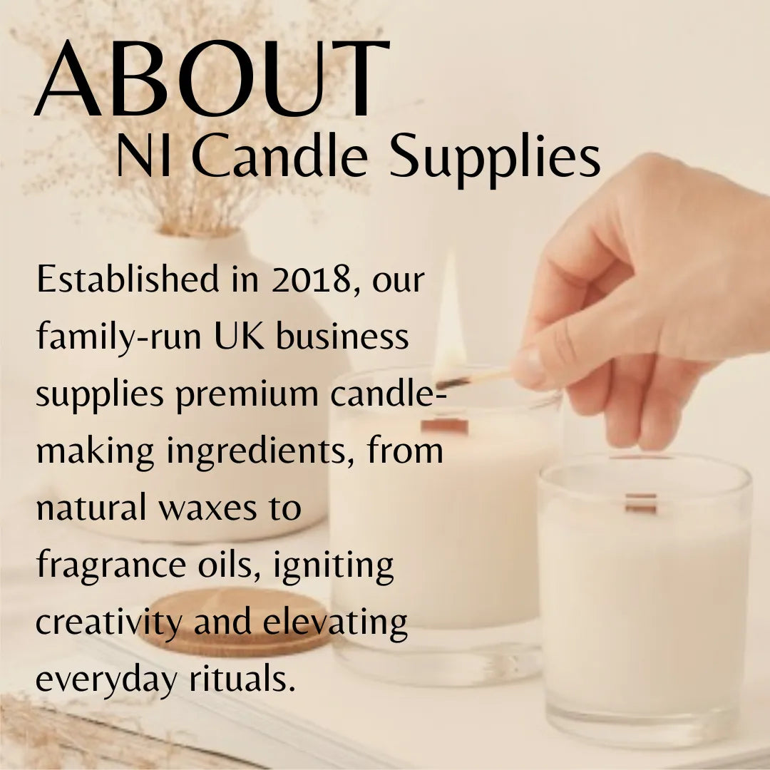 Promotional graphic for NI Candle Supplies featuring a hand lighting a white candle with a wooden wick, alongside a clear glass candle holder. Large text on the left reads 'ABOUT NI Candle Supplies' with company history details.