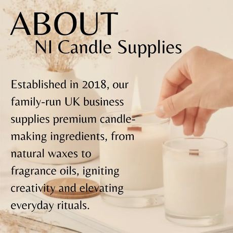 Promotional graphic for NI Candle Supplies featuring a hand lighting a white candle with a wooden wick, alongside a clear glass candle holder. Large text on the left reads 'ABOUT NI Candle Supplies' with company history details.