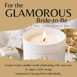 A lit white candle jar centered in a promotional graphic with the text 'For the GLAMOROUS Bride-to-Be' and scent notes 'Sultry · Leather, Amber & Tonka.' The scene includes soft beige background tones, jewelry, and gift boxes, with a torn-paper effect at the bottom showing additional copy about creating twelve candles and saving 25% compared with buying them individually.