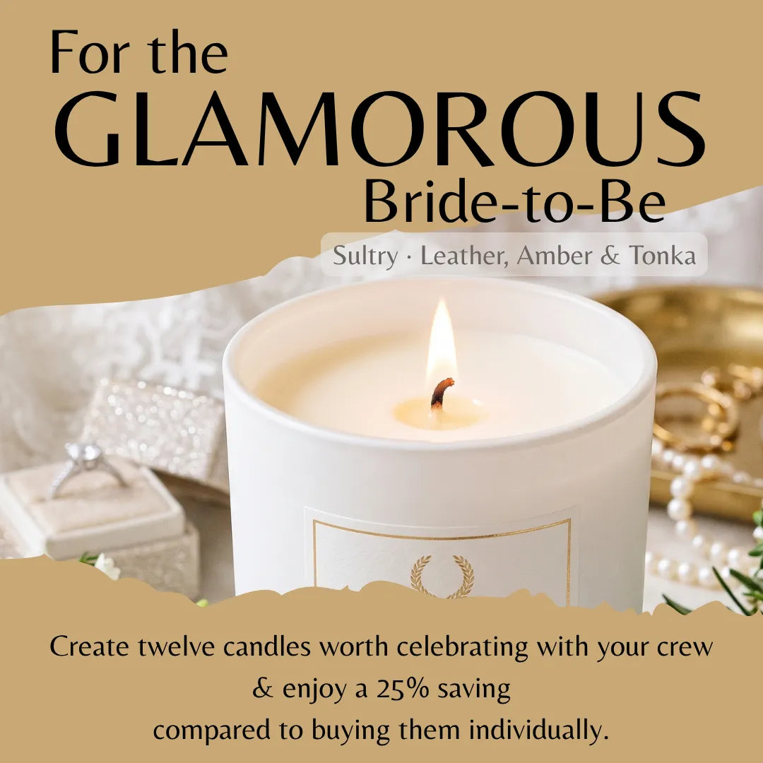 A lit white candle jar centered in a promotional graphic with the text 'For the GLAMOROUS Bride-to-Be' and scent notes 'Sultry · Leather, Amber & Tonka.' The scene includes soft beige background tones, jewelry, and gift boxes, with a torn-paper effect at the bottom showing additional copy about creating twelve candles and saving 25% compared with buying them individually.