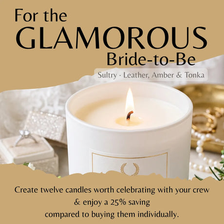 A lit white candle jar centered in a promotional graphic with the text 'For the GLAMOROUS Bride-to-Be' and scent notes 'Sultry · Leather, Amber & Tonka.' The scene includes soft beige background tones, jewelry, and gift boxes, with a torn-paper effect at the bottom showing additional copy about creating twelve candles and saving 25% compared with buying them individually.