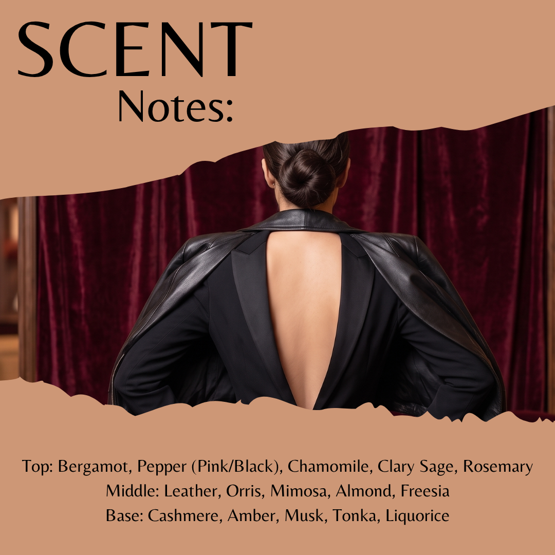 Scent Notes: fragrance profile graphic showing a woman from behind wearing a black open-back jacket in front of a dark red curtain. The top and bottom sections are tan with black text listing fragrance notes.