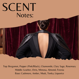 Scent Notes: fragrance profile graphic showing a woman from behind wearing a black open-back jacket in front of a dark red curtain. The top and bottom sections are tan with black text listing fragrance notes.