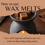 A dark gray wax warmer with a lit candle inside and several tan wax melts in a bowl on top, one labeled 'BF'. Large text at the top reads 'How to use: WAX MELTS' and smaller text at the bottom says to use a 10% fragrance oil load for deep, long-lasting aroma.