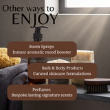 Promotional graphic for Beyond Fabulous bath and body products, featuring a pump bottle, a candle jar, a bar of soap, a sponge, and a brush on a shelf with text overlays reading 'Other ways to ENJOY' and listing room sprays, bath & body products, and perfumes.