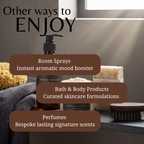 Promotional graphic for Beyond Fabulous bath and body products, featuring a pump bottle, a candle jar, a bar of soap, a sponge, and a brush on a shelf with text overlays reading 'Other ways to ENJOY' and listing room sprays, bath & body products, and perfumes.