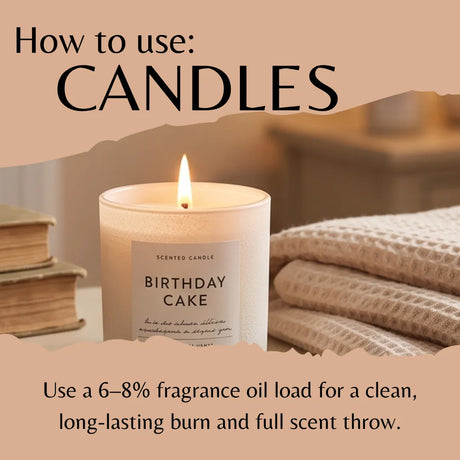 An informational graphic titled 'How to use: CANDLES' shows a lit white scented candle labeled 'BIRTHDAY CAKE' on a tabletop with books and a textured blanket in the background. Text at the bottom advises using 6–8% fragrance oil for a clean, long-lasting burn.