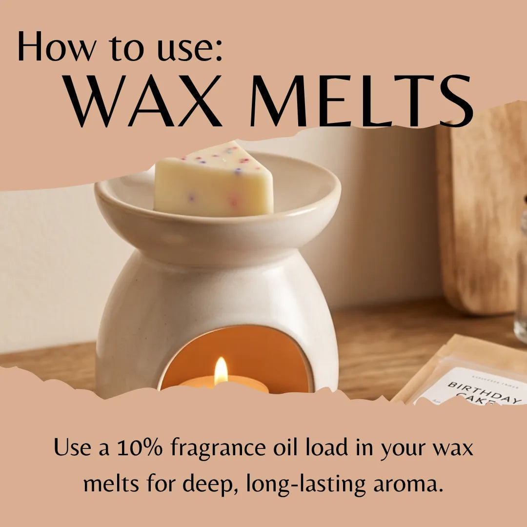 A beige ceramic wax warmer with a lit candle inside and a bar of wax on top, shown with text reading 'How to use: WAX MELTS' and instructions about fragrance oil load.