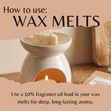 A beige ceramic wax warmer with a lit candle inside and a bar of wax on top, shown with text reading 'How to use: WAX MELTS' and instructions about fragrance oil load.