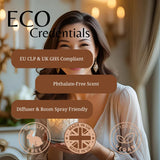 A promotional graphic for ECO Credentials featuring a woman holding a room diffuser in a softly lit interior. Large text reads 'ECO Credentials' with callout badges stating 'EU CLP & UK GHS Compliant', 'Phthalate-Free Scent', and 'Diffuser & Room Spray Friendly'.