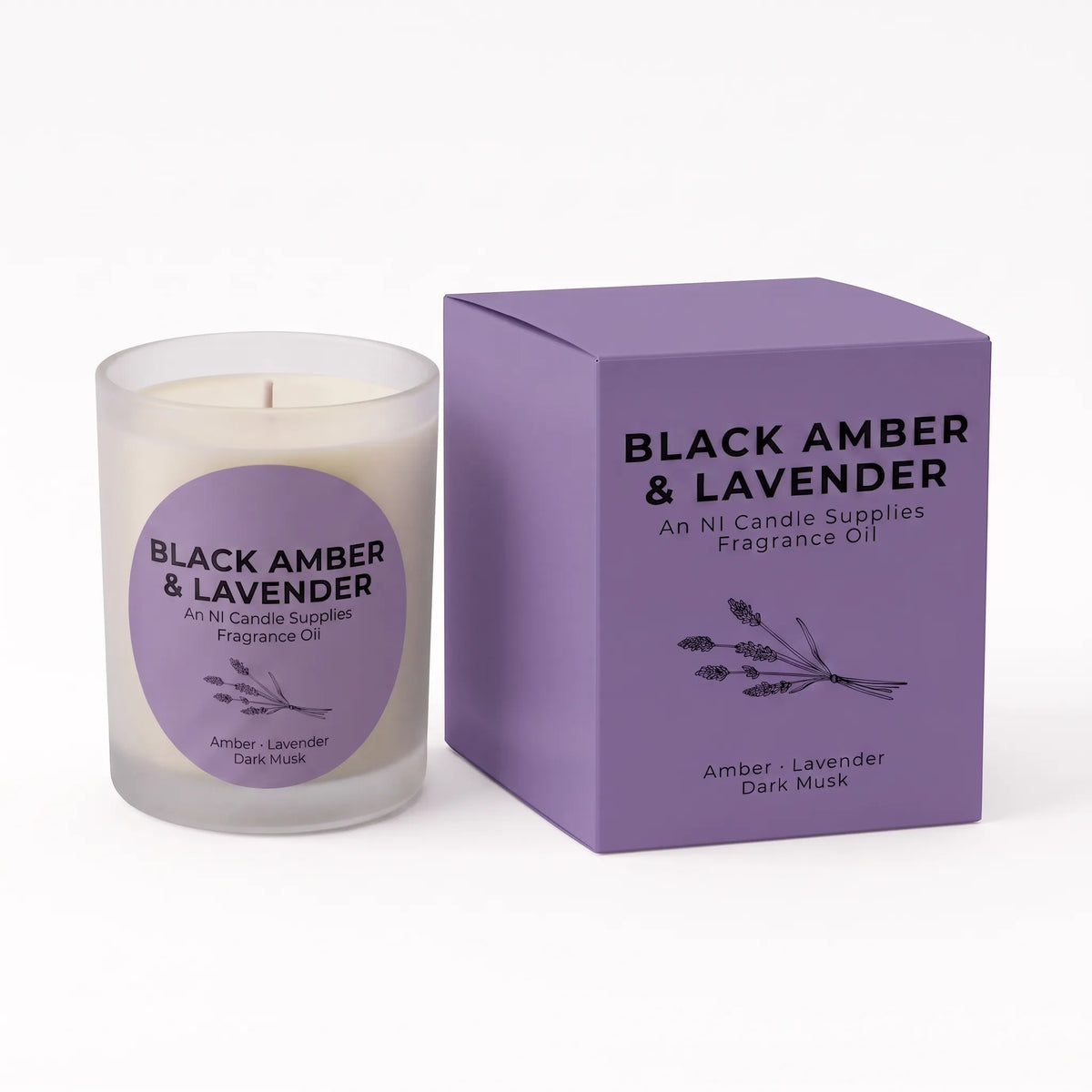 A glass jar candle with white wax next to its lavender-colored packaging box, both labeled 'BLACK AMBER & LAVENDER' by An NI Candle Supplies, on a clean white background.