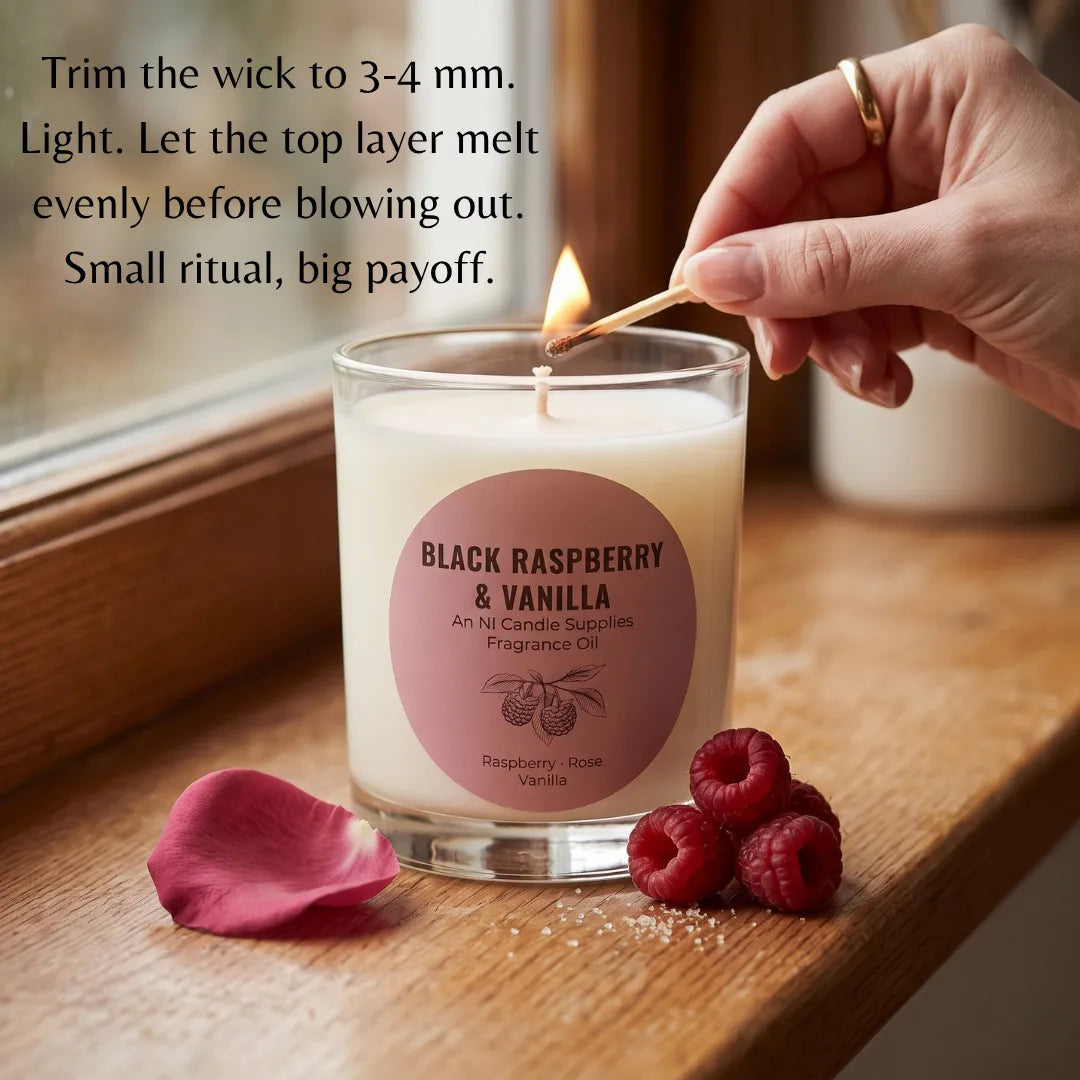 A lit scented candle in a clear glass jar sits on a wooden surface by a window, with a hand holding a match above the flame. The label reads 'BLACK RASPBERRY & VANILLA' and 'Art NI Candle Scents Fragrance Oil.