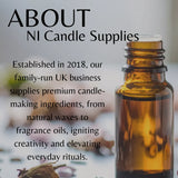 Brown bottle with a blurred background and text about NI Candle Supplies.