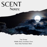 Scent Notes: fragrance profile graphic with a dark night sky, moon, and clouds over a black mountain silhouette. Text lists scent notes: Orange, Rose, Geranium, Clove, Oud, Patchouli, Musk.