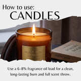 Instructional graphic titled 'How to use: CANDLES' showing a lit amber glass candle jar labeled 'BLACK ROSE & OUD' with text explaining fragrance oil loading, plus a poetry book prop.