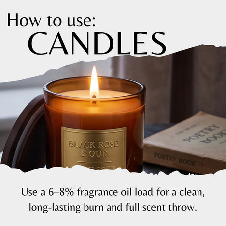 Instructional graphic titled 'How to use: CANDLES' showing a lit amber glass candle jar labeled 'BLACK ROSE & OUD' with text explaining fragrance oil loading, plus a poetry book prop.