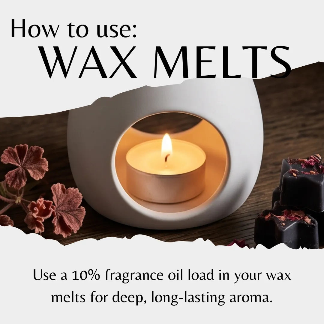 Instructional graphic titled 'How to use: WAX MELTS' showing a white ceramic candle warmer with a lit tea light candle, plus text explaining fragrance oil loading and dried flower props on a wood surface.