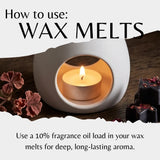 Instructional graphic titled 'How to use: WAX MELTS' showing a white ceramic candle warmer with a lit tea light candle, plus text explaining fragrance oil loading and dried flower props on a wood surface.