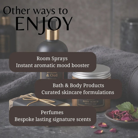 Promotional graphic for a fragrance and body product collection, featuring a dark bottle with a gold pump, a jar labeled BODY SCRUB, and gift packaging on a gray towel with rose petals. Large text reads 'Other ways to ENJOY' with callouts for room sprays, bath & body products, and perfumes.
