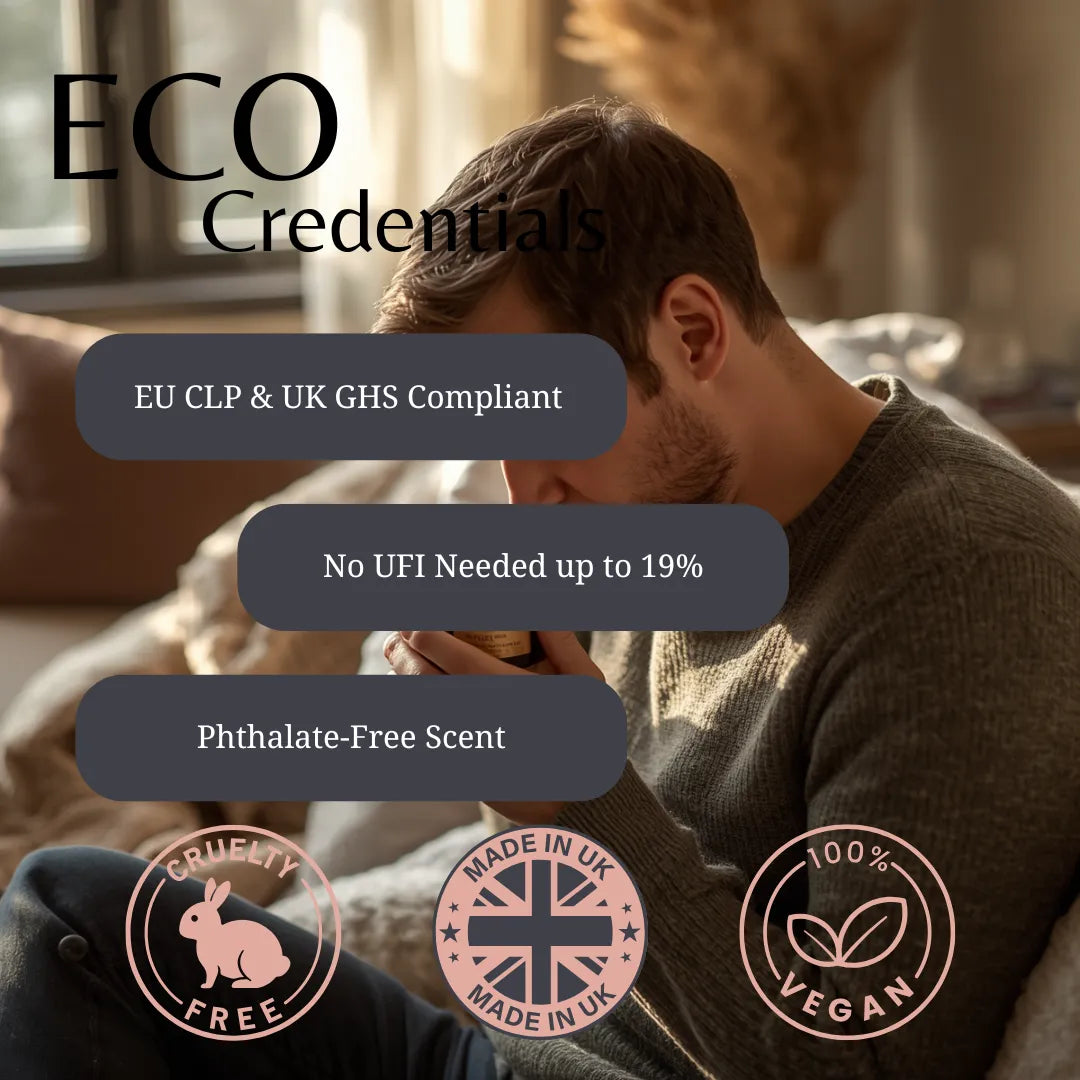 A man in a cozy indoor setting with large text overlays reading 'ECO Credentials' and feature callouts including 'EU CLP & UK GHS Compliant', 'No UFI Needed up to 19%', 'Phthalate-Free Scent', plus cruelty-free, made in UK, and vegan badges.