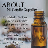 Brown bottle with a blurred background and text about NI Candle Supplies.