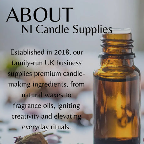 Brown bottle with a blurred background and text about NI Candle Supplies.
