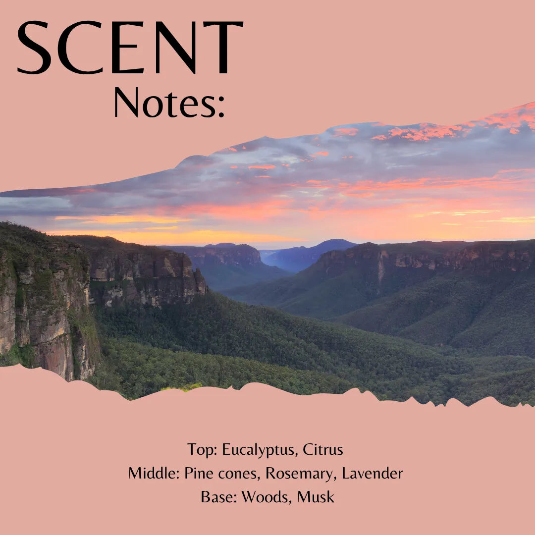 A square scent profile graphic with a landscape photo of a mountain valley at sunset across the center, a peach-pink background, and black text reading 'SCENT Notes:' at the top and scent notes at the bottom.