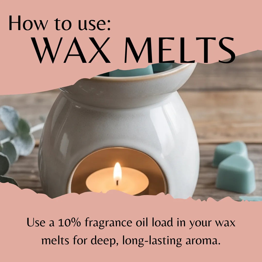 A ceramic wax warmer with a lit candle inside, shown on a wooden surface with two teal wax melts nearby. Text overlays read 'How to use: WAX MELTS' and 'Use a 10% fragrance oil load in your wax melts for deep, long-lasting aroma.