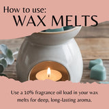 A ceramic wax warmer with a lit candle inside, shown on a wooden surface with two teal wax melts nearby. Text overlays read 'How to use: WAX MELTS' and 'Use a 10% fragrance oil load in your wax melts for deep, long-lasting aroma.