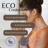 Promotional graphic for 'ECO Credentials' featuring a woman drinking from a glass diffuser. The graphic includes text badges stating 'EU CLP & UK GHS Compliant', 'No UFI Needed up to 8%', 'Diffuser & Room Spray Friendly', and three certification-style seals for Cruelty Free, Made in UK, and Vegan.