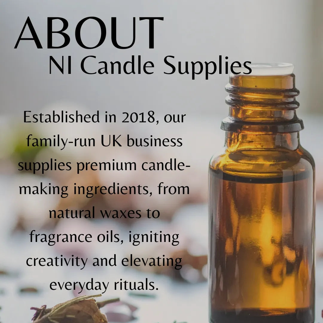 Brown bottle with a blurred background and text about NI Candle Supplies.