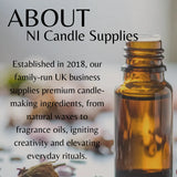 Brown bottle with a blurred background and text about NI Candle Supplies.