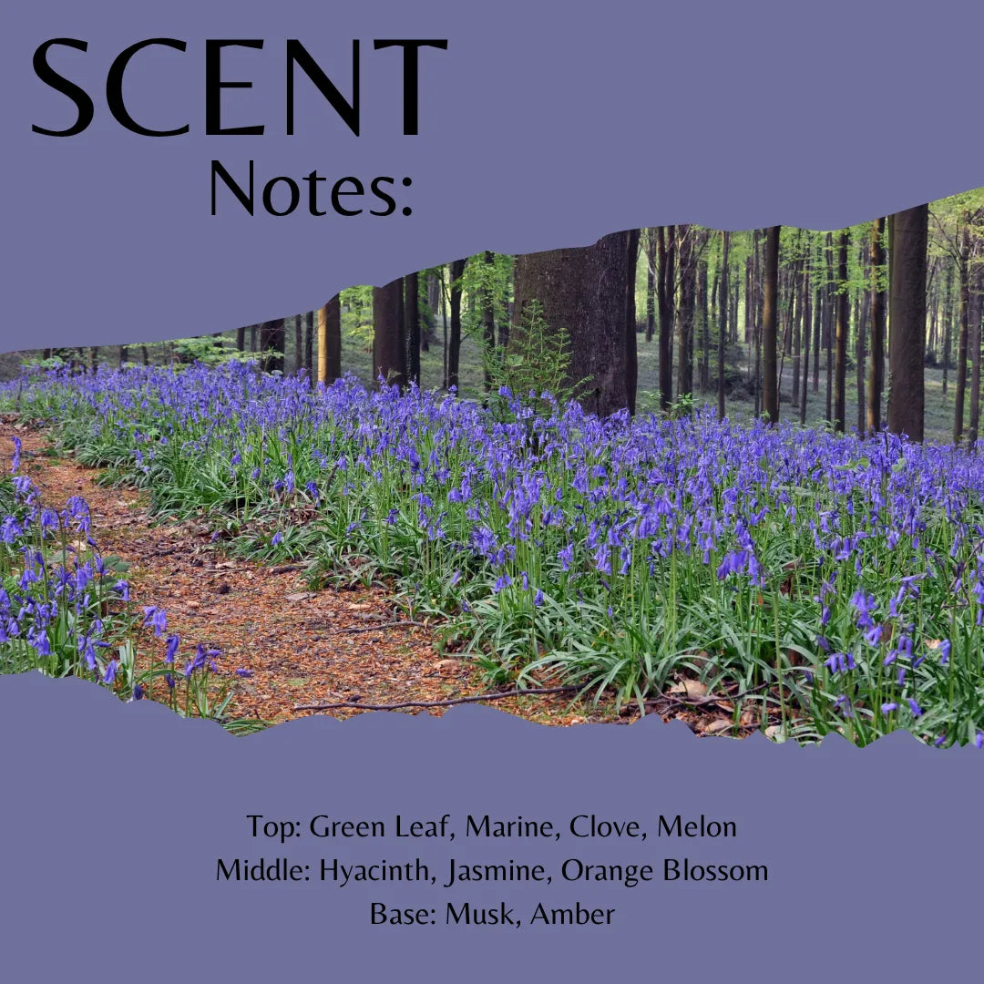 Scent Notes: bluebells in a forest with a purple overlay showing scent notes listed at the bottom.