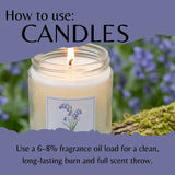 An informational graphic with the heading 'How to use: CANDLES' over a photo of a lit candle in a glass jar. The candle has a white wax fill and a white label with a purple flower illustration.