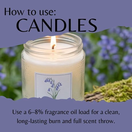 An informational graphic with the heading 'How to use: CANDLES' over a photo of a lit candle in a glass jar. The candle has a white wax fill and a white label with a purple flower illustration.