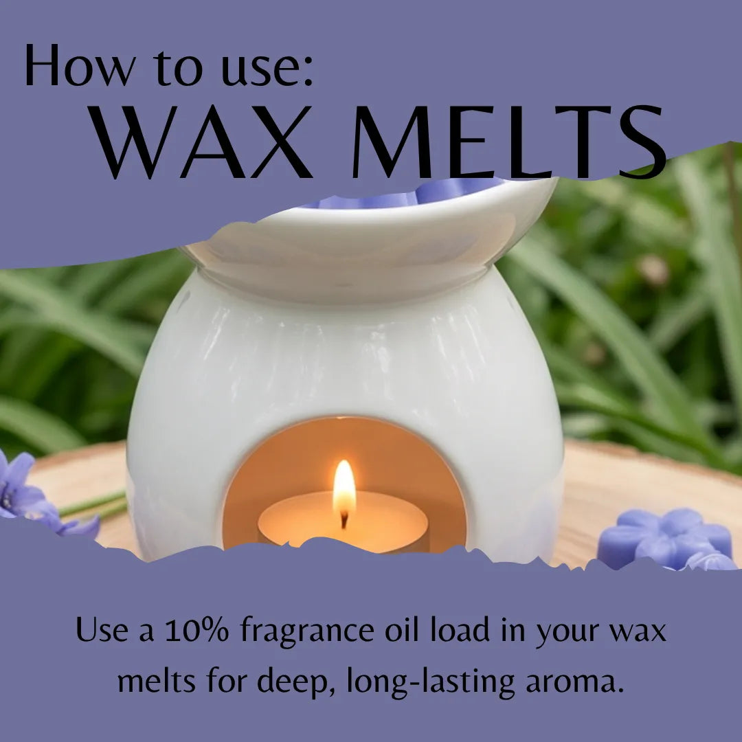 A white ceramic wax warmer with a lit tealight candle inside, shown with purple text overlays reading 'How to use: WAX MELTS' and 'Use a 10% fragrance oil load in your wax melts for deep, long-lasting aroma.'.