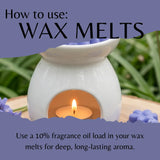A white ceramic wax warmer with a lit tealight candle inside, shown with purple text overlays reading 'How to use: WAX MELTS' and 'Use a 10% fragrance oil load in your wax melts for deep, long-lasting aroma.'.