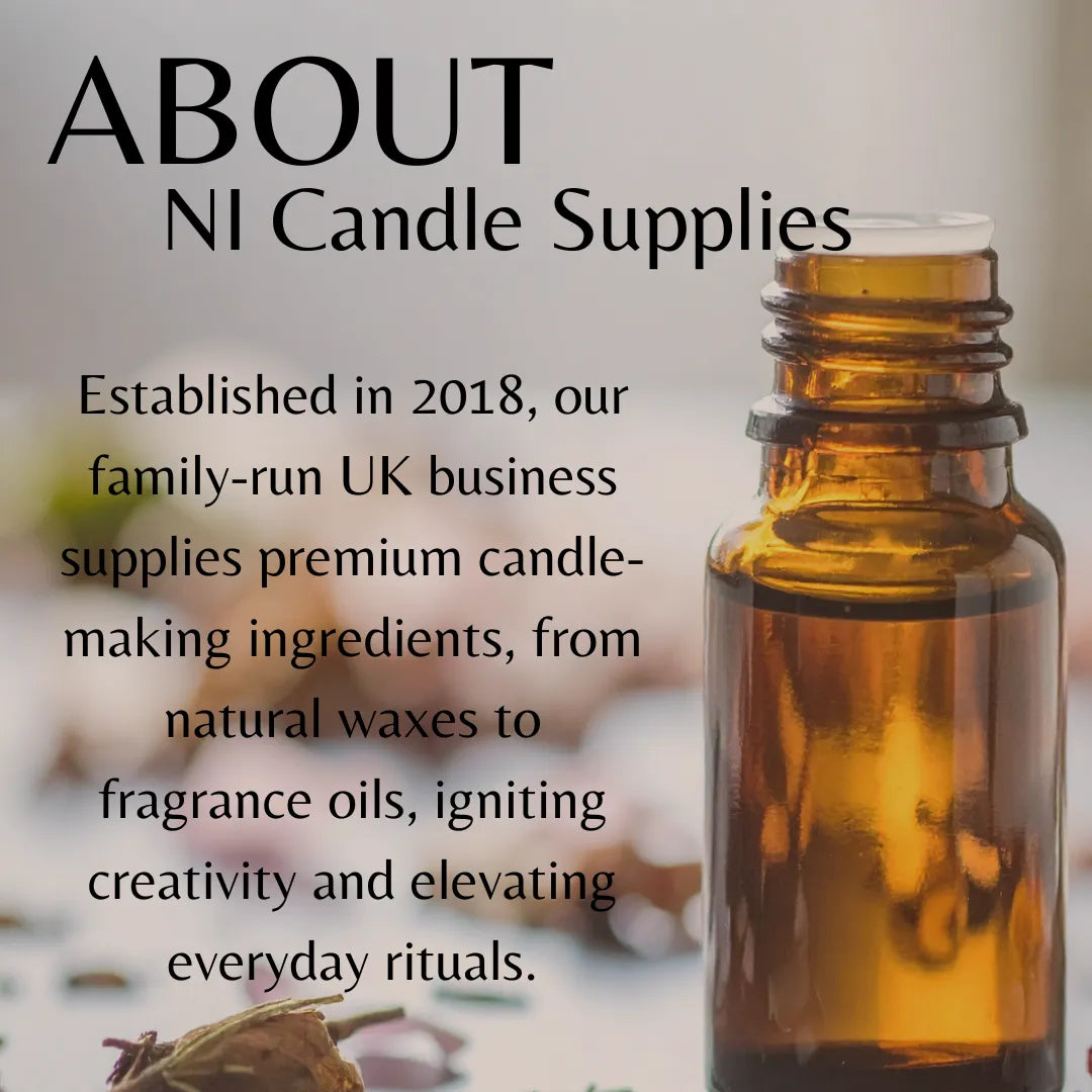 Brown bottle with a blurred background and text about NI Candle Supplies.