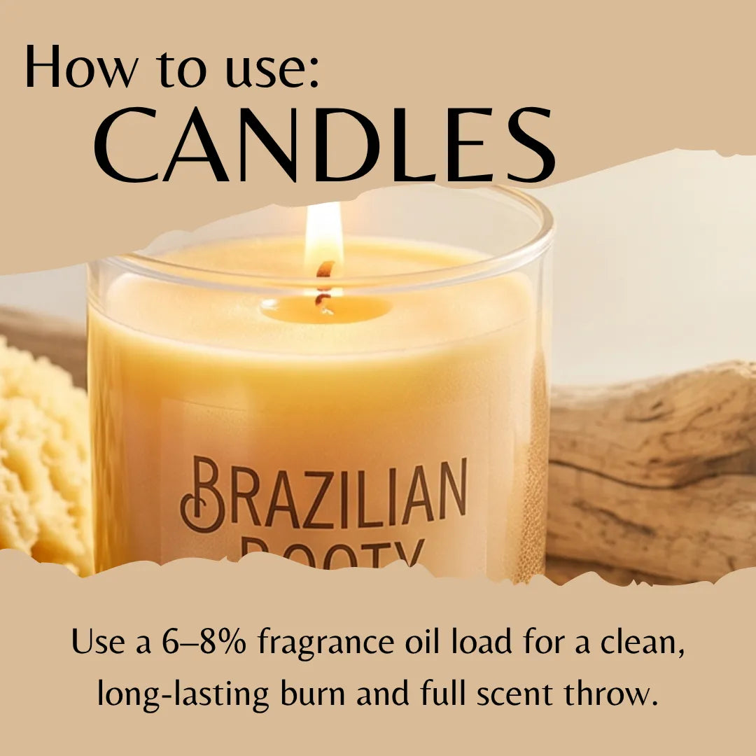 A lit candle in a clear glass jar with the words 'BRAZILIAN ROOTY' printed on the front, shown with large text reading 'How to use: CANDLES' and smaller text about fragrance oil load. The background is a warm beige with rustic props partially visible.