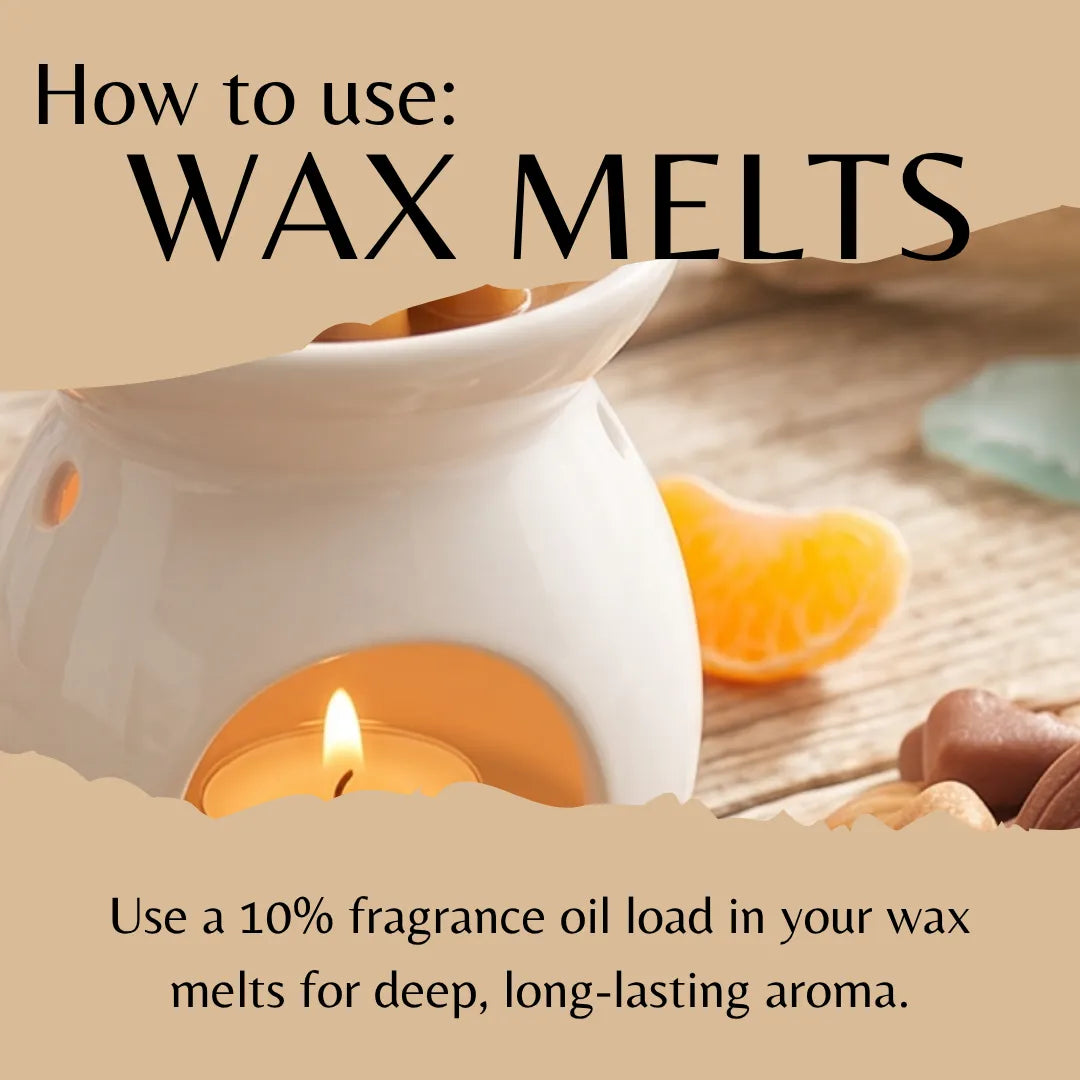 A beige instructional graphic titled 'How to use: WAX MELTS' showing a white wax warmer with a lit candle inside, orange slices, and text explaining fragrance oil load usage.
