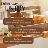 A promotional graphic with the text 'Other ways to ENJOY' over a wooden bath tray holding several products: an amber bottle, a jar, a bar of soap, and flowers. Overlaid text lists 'Room Sprays', 'Bath & Body Products', and 'Perfumes'.