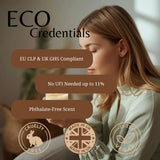 A promotional graphic for an eco-friendly candle, featuring a woman holding a lit candle. The graphic includes text overlays reading 'ECO Credentials', 'EU CLP & UK GHS Compliant', 'No UFI Needed up to 11%', 'Phthalate-Free Scent', and three certification badges: 'Cruelty Free', 'Made in UK', and '100% Vegan'.