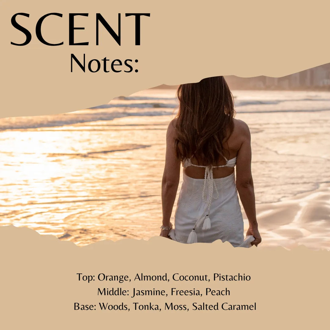 Scent Notes: fragrance artwork featuring a woman seen from behind on a beach at sunset, with beige text blocks and listed scent notes including orange, almond, coconut, pistachio, jasmine, freesia, peach, woods, tonka, moss, and salted caramel.