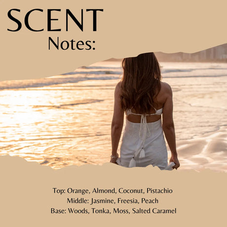 Scent Notes: fragrance artwork featuring a woman seen from behind on a beach at sunset, with beige text blocks and listed scent notes including orange, almond, coconut, pistachio, jasmine, freesia, peach, woods, tonka, moss, and salted caramel.