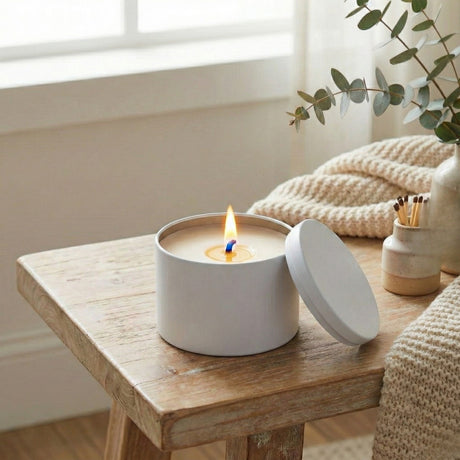 White candle in a tin with a lit wick on a wooden table, surrounded by natural elements.