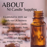 Promotional graphic for NI Candle Supplies featuring a brown amber glass bottle filled with oil on the right and black text on the left reading 'ABOUT NI Candle Supplies' and a short company description over a soft pink background.