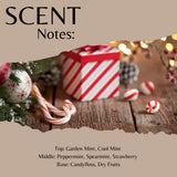 Scent Notes graphic featuring a holiday-themed photo of candy canes, ornaments, pinecones, and a red-and-white striped gift box on a rustic wooden surface, with text listing flavor notes: Garden Mint, Cool Mint, Peppermint, Spearmint, Strawberry, and Candyfloss.